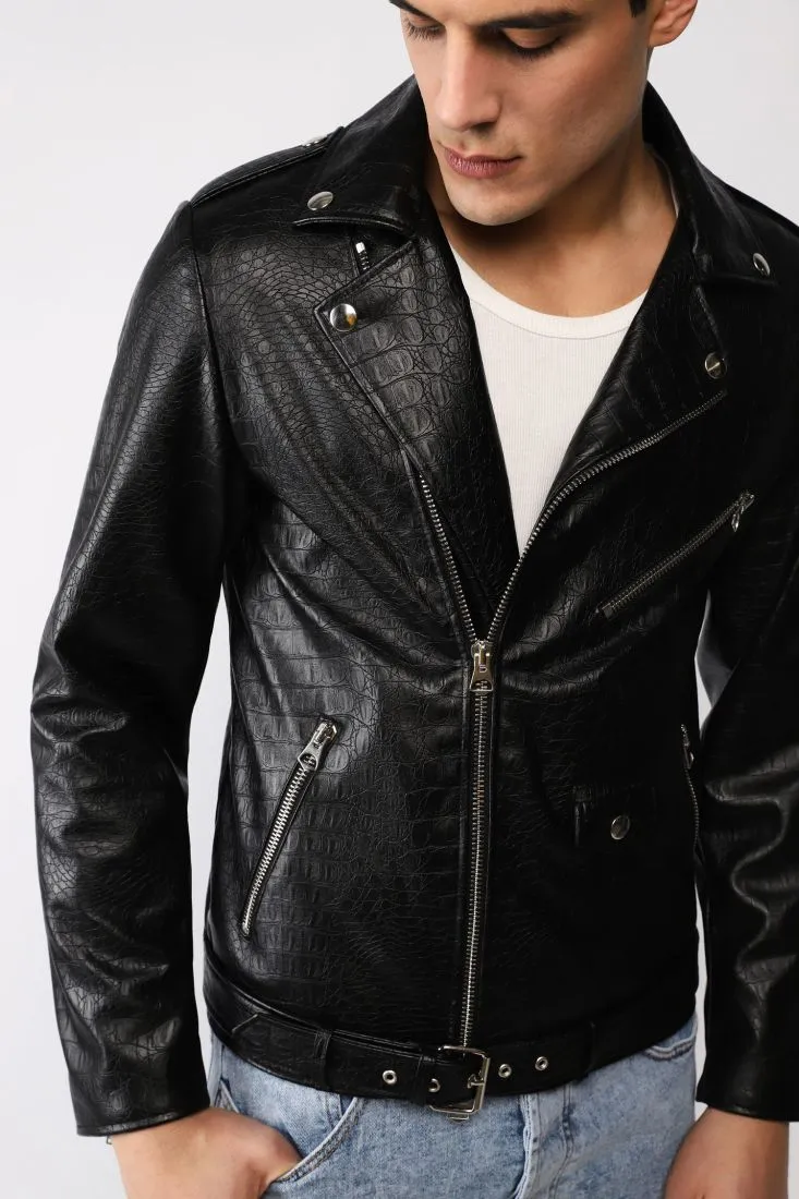 Giacca modello biker in similpelle animalier con cintura