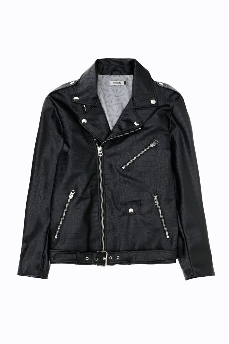 Giacca modello biker in similpelle animalier con cintura