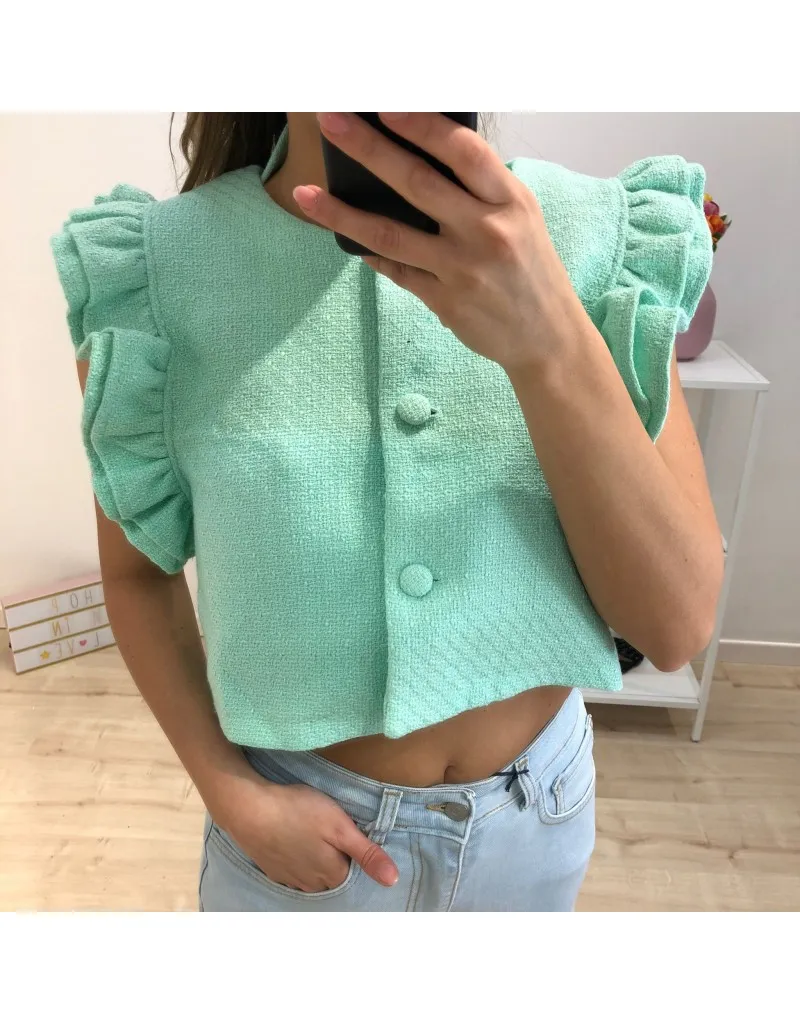 GILET CROP ROUCHES VERDE