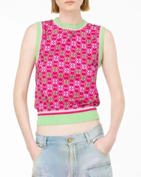 Gilet fucsia in cotone con logo jacquard verde e azzurro con profili a coste
