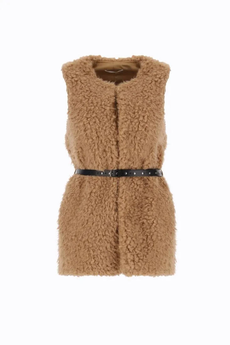 Gilet lungo monocolour effetto pelliccia con cintura