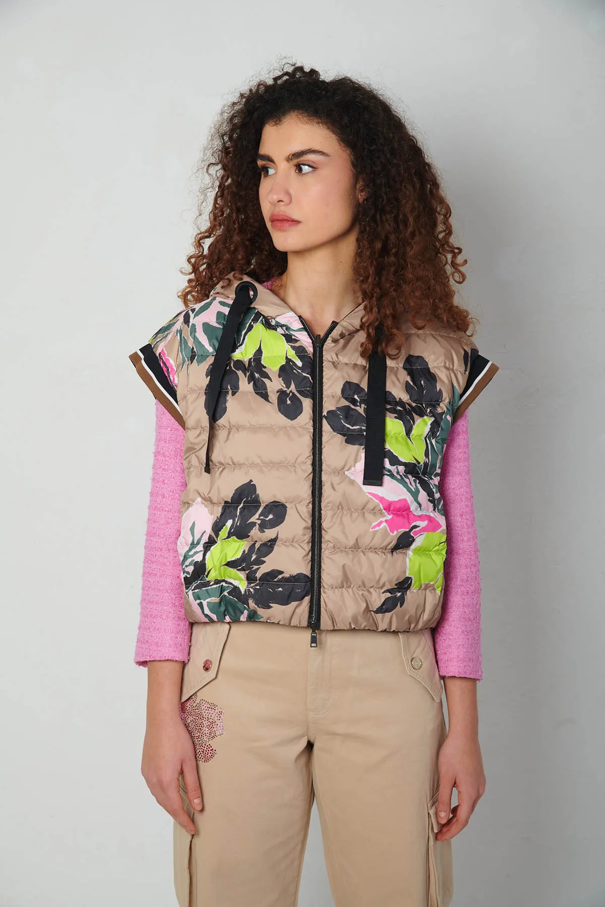 HERNO Gilet con cappuccio in piuma, a fantasia reversibile