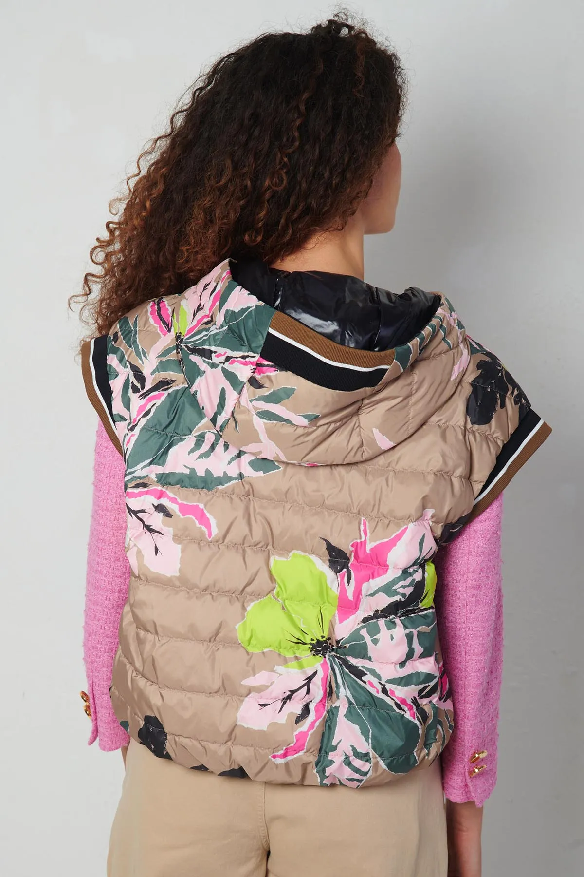 HERNO Gilet con cappuccio in piuma, a fantasia reversibile