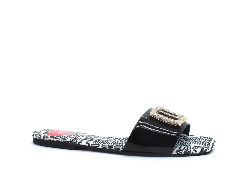 LOVE MOSCHINO Ciabatta Sabot Flat 15 Vernice Strass Logo Nero JA28231C0CJD0000