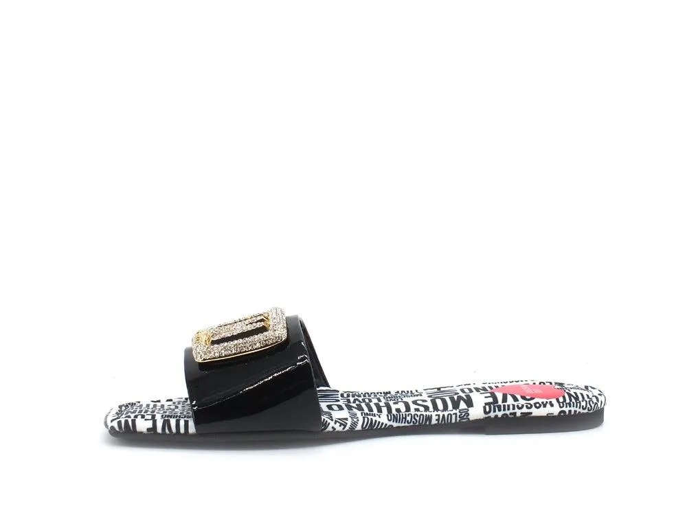 LOVE MOSCHINO Ciabatta Sabot Flat 15 Vernice Strass Logo Nero JA28231C0CJD0000