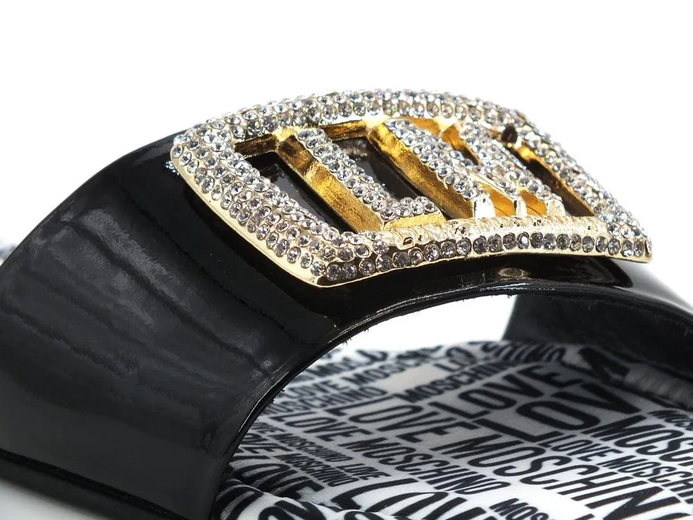 LOVE MOSCHINO Ciabatta Sabot Flat 15 Vernice Strass Logo Nero JA28231C0CJD0000