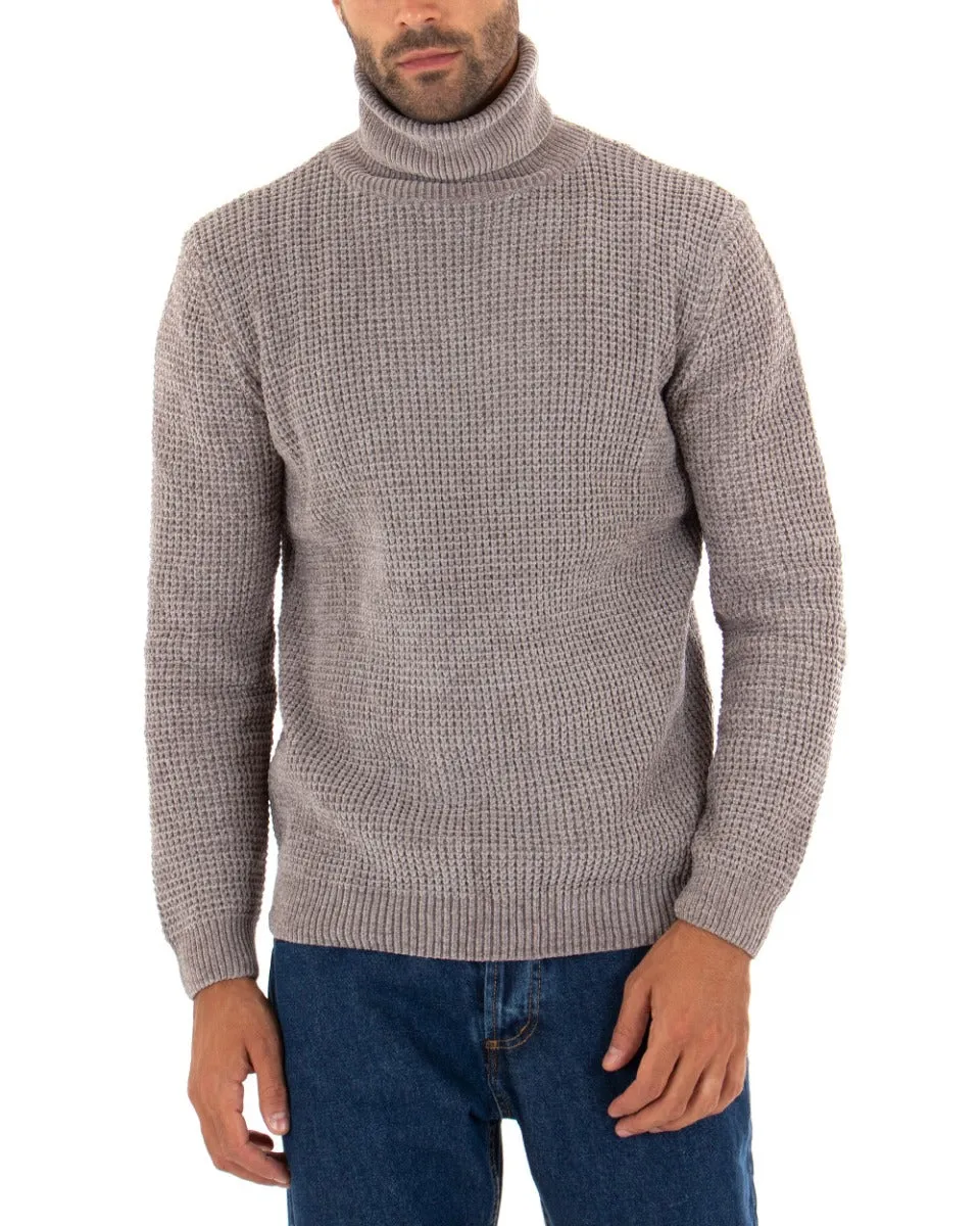 Maglioncino Uomo Collo Alto Tinta Unita Fango Maglia Dolcevita Ciniglia GIOSAL-M2300A