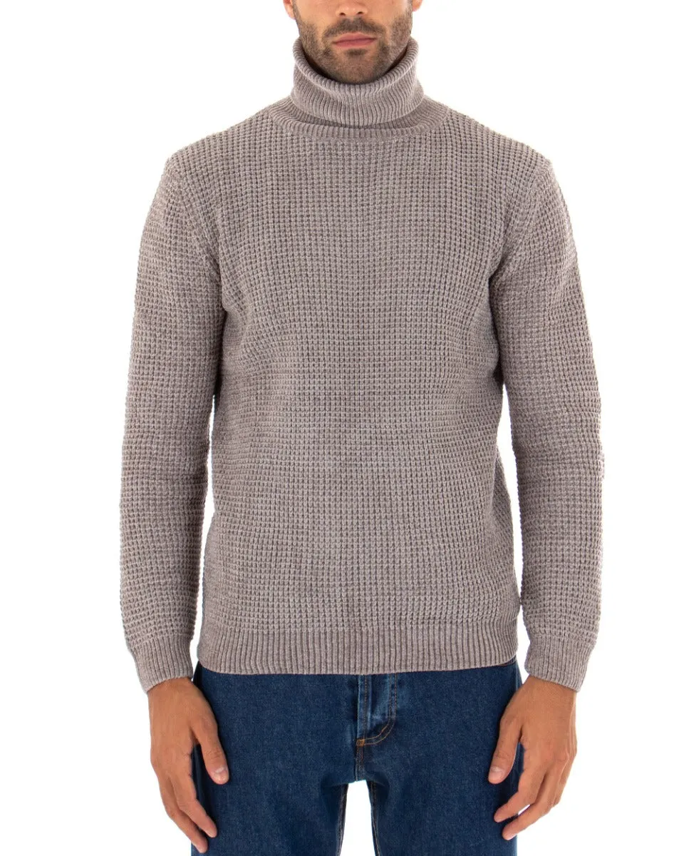 Maglioncino Uomo Collo Alto Tinta Unita Fango Maglia Dolcevita Ciniglia GIOSAL-M2300A
