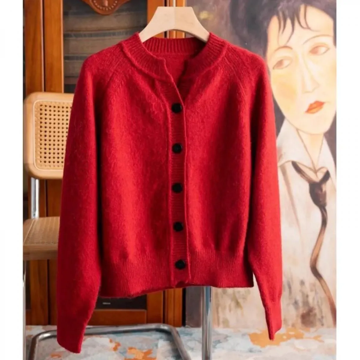 Maglione cardigan lavorato a maglia rosso Maglione maglione basic a maniche lunghe autunno nuovo da donna