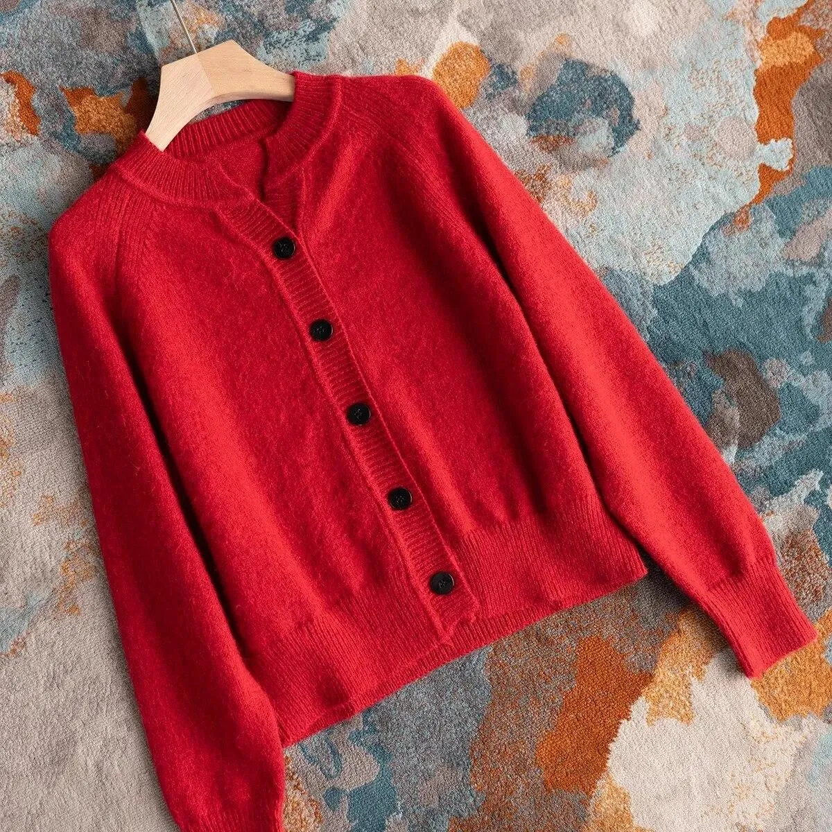 Maglione cardigan lavorato a maglia rosso Maglione maglione basic a maniche lunghe autunno nuovo da donna