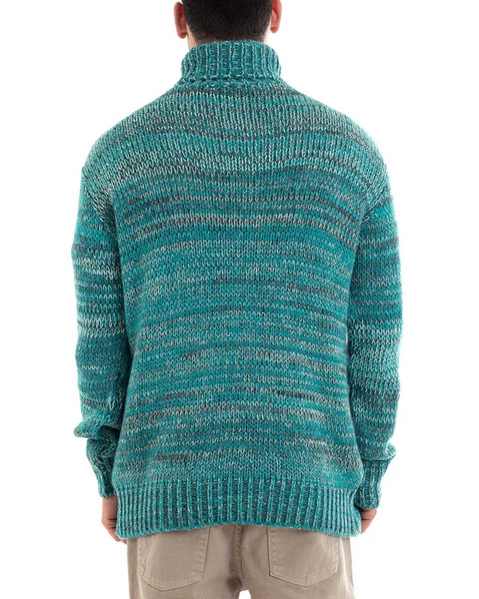 Maglione Uomo Collo Alto Maglioncino Dolcevita Melangiato Petrolio Casual Pullover GIOSAL-M2642A