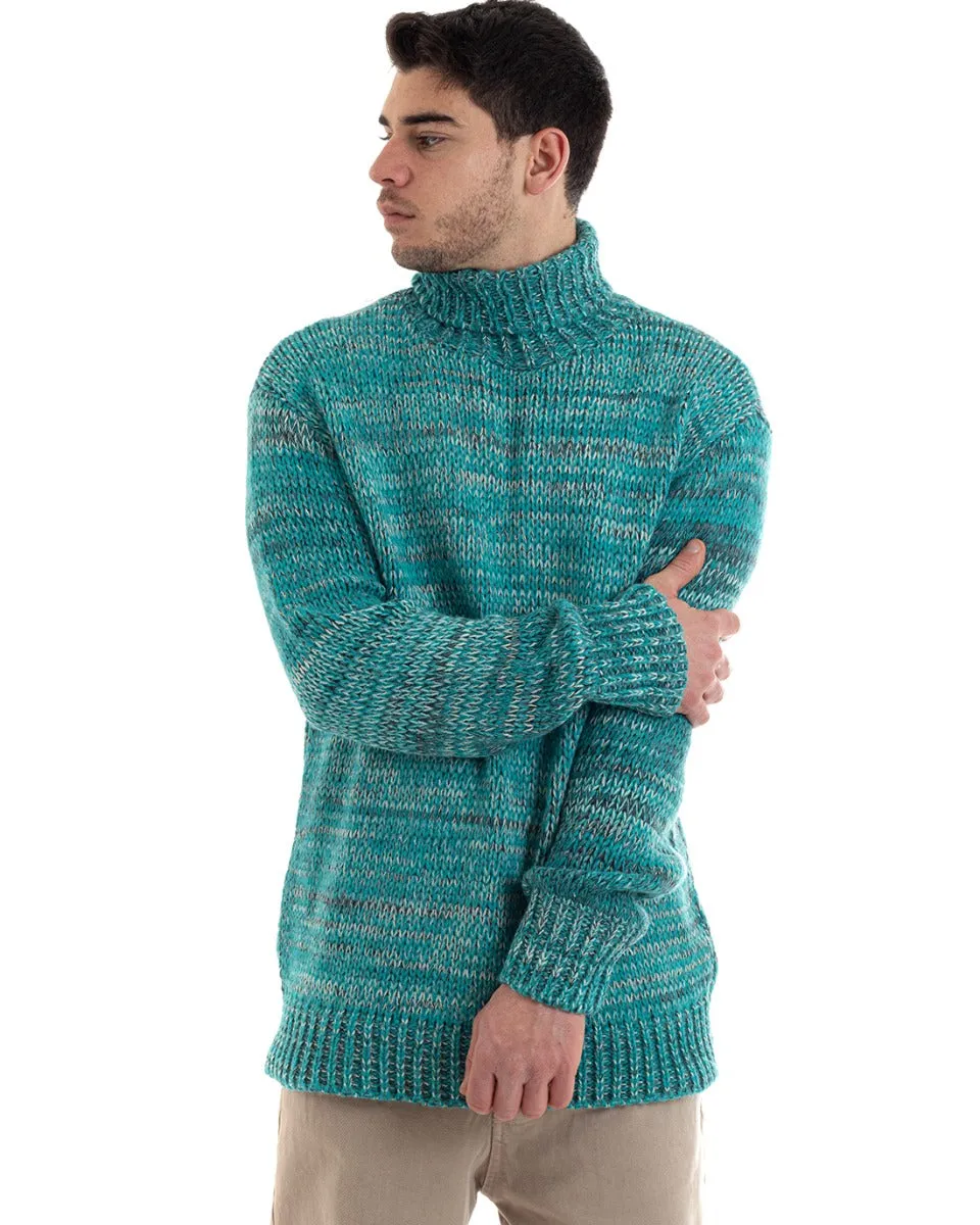 Maglione Uomo Collo Alto Maglioncino Dolcevita Melangiato Petrolio Casual Pullover GIOSAL-M2642A