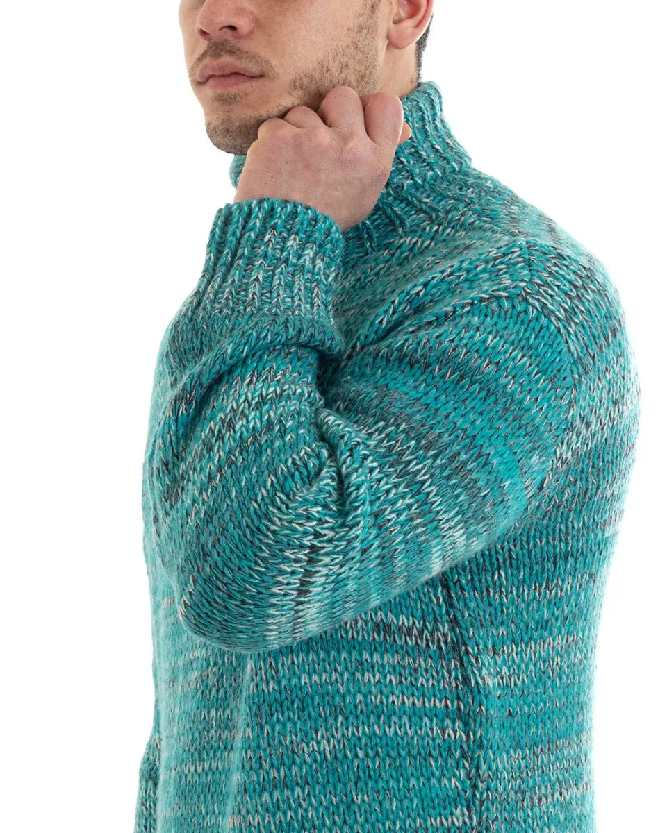 Maglione Uomo Collo Alto Maglioncino Dolcevita Melangiato Petrolio Casual Pullover GIOSAL-M2642A