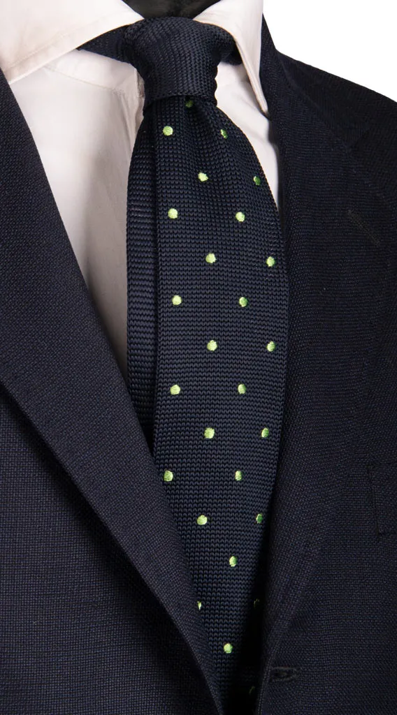 Man Blue Tricot Knitted Silk Tie Green Polka Dots Tri411