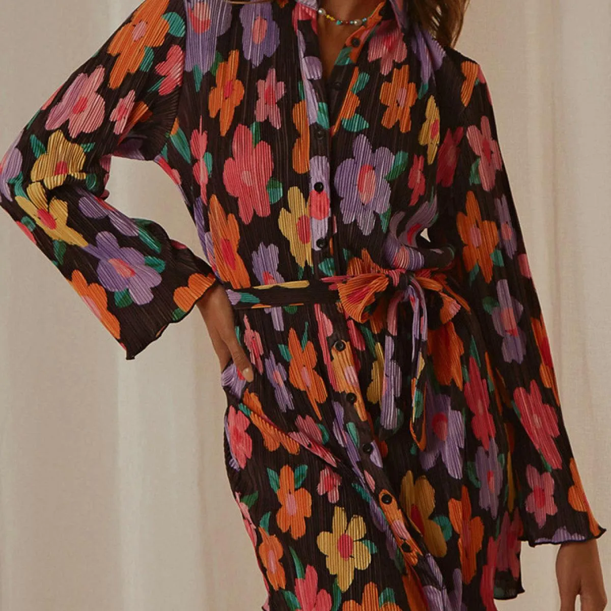 Mini abito stringato con scollo a V stampato per donna Elegante patchwork piega sottile Abito casual fasciatura contrasto