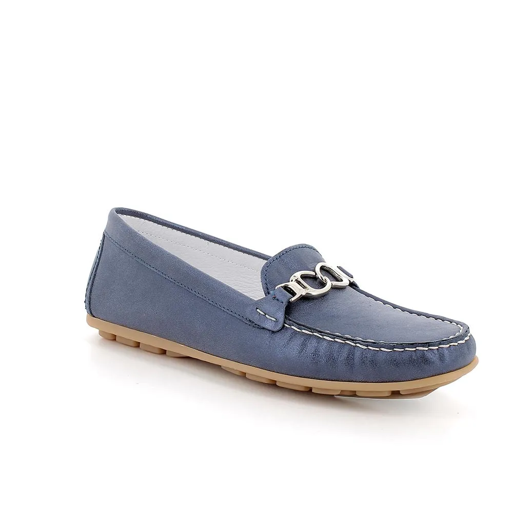 Mocassini in pelle da donna blu laminato