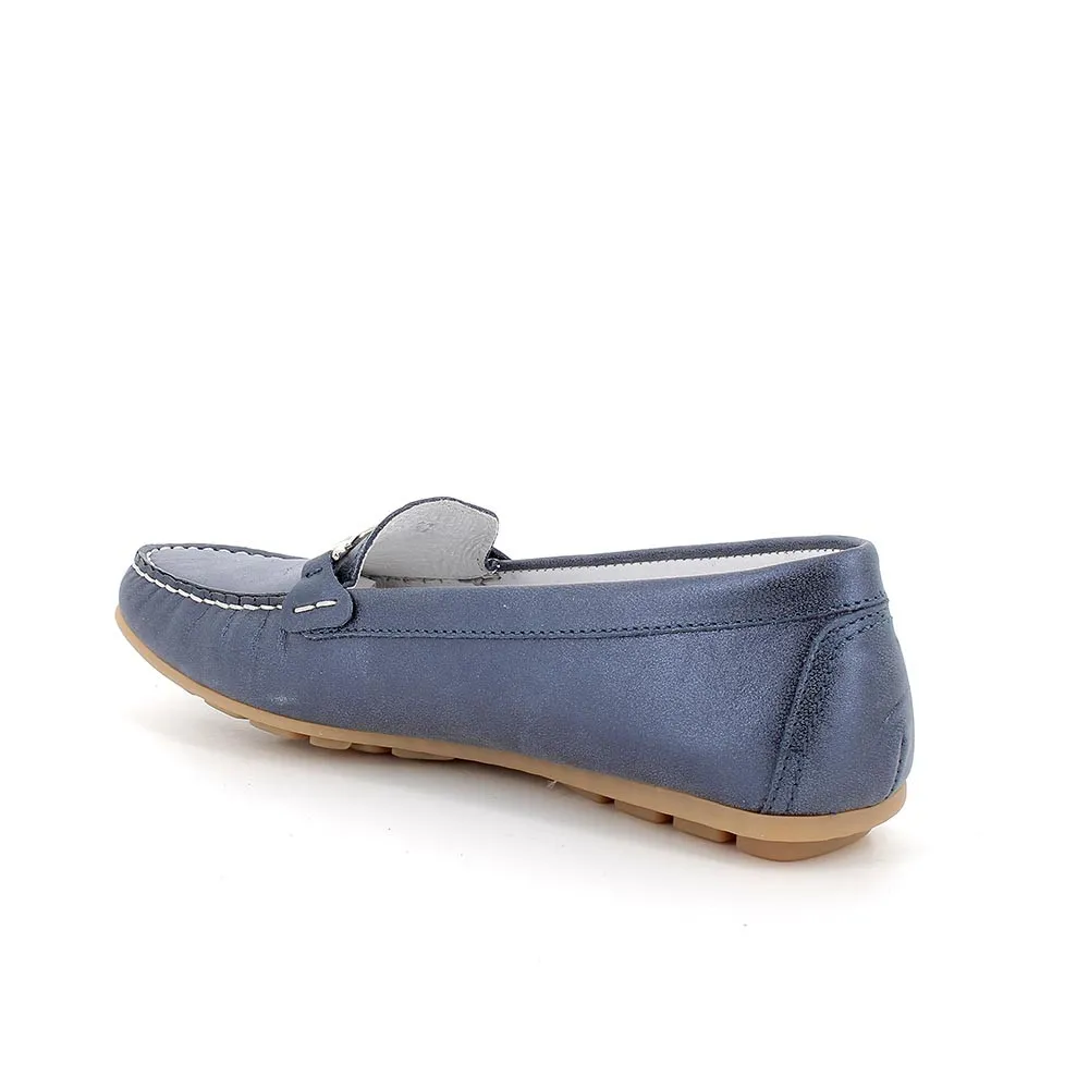 Mocassini in pelle da donna blu laminato