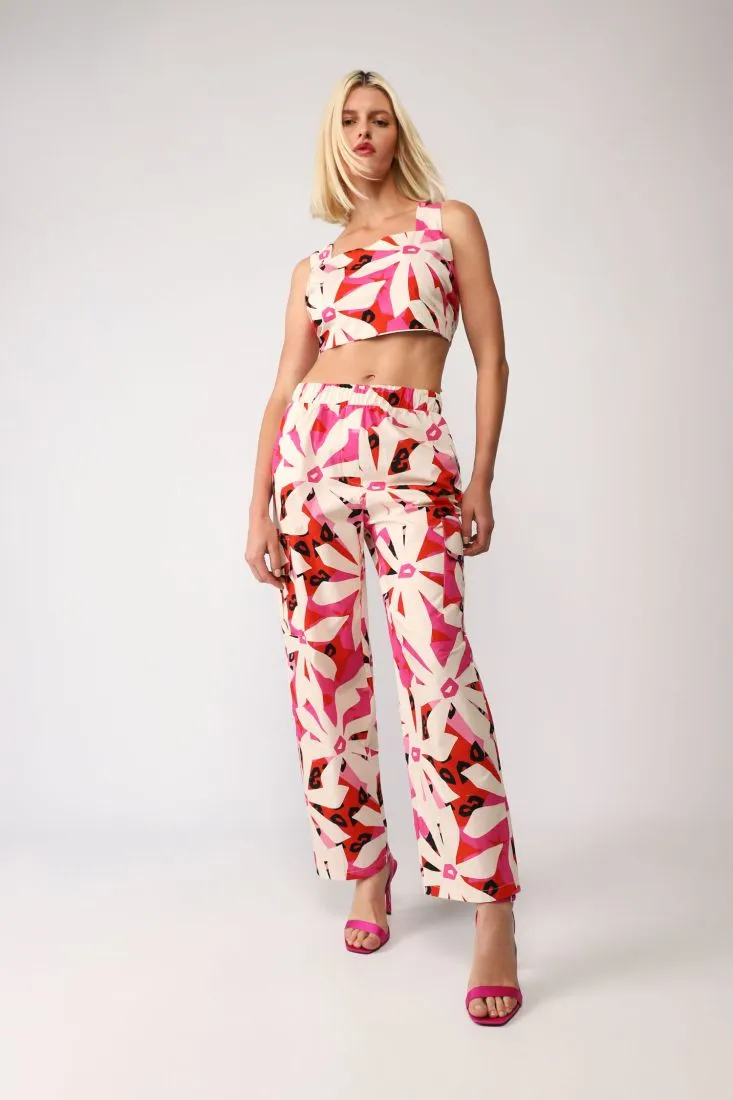 Pantaloni a palazzo fantasia floreale con vita elasticizzata