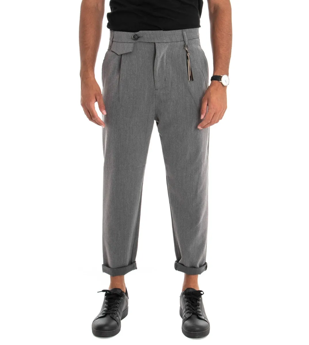 Pantaloni Uomo Classico Viscosa Tinta Unita Grigio Tasca America Con Pinces GIOSAL-P3879A