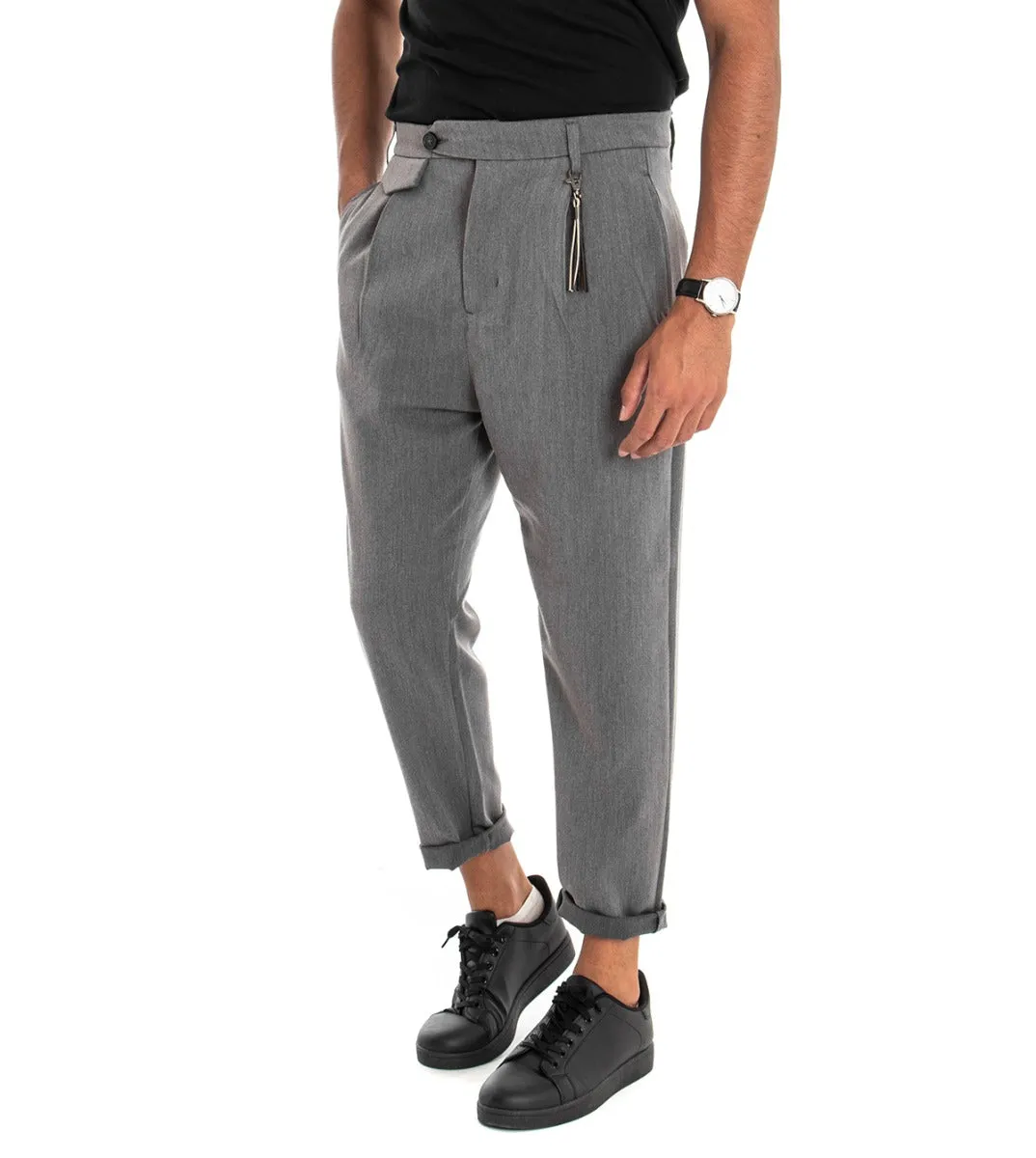 Pantaloni Uomo Classico Viscosa Tinta Unita Grigio Tasca America Con Pinces GIOSAL-P3879A