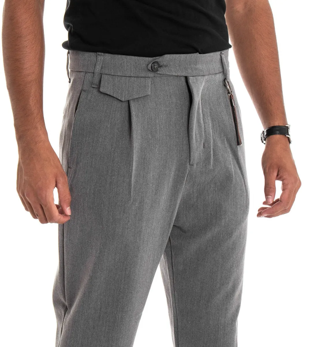 Pantaloni Uomo Classico Viscosa Tinta Unita Grigio Tasca America Con Pinces GIOSAL-P3879A