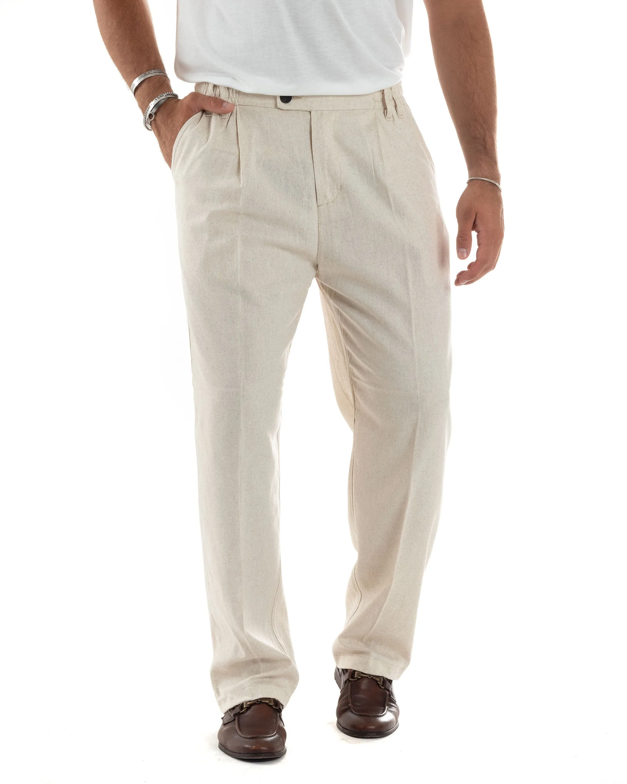 Pantaloni Uomo Lino Baggy Lungo Abbottonatura Allungata Tasche America Pinces Elastico Sul Retro Casual Melangiato Beige GIOSAL-