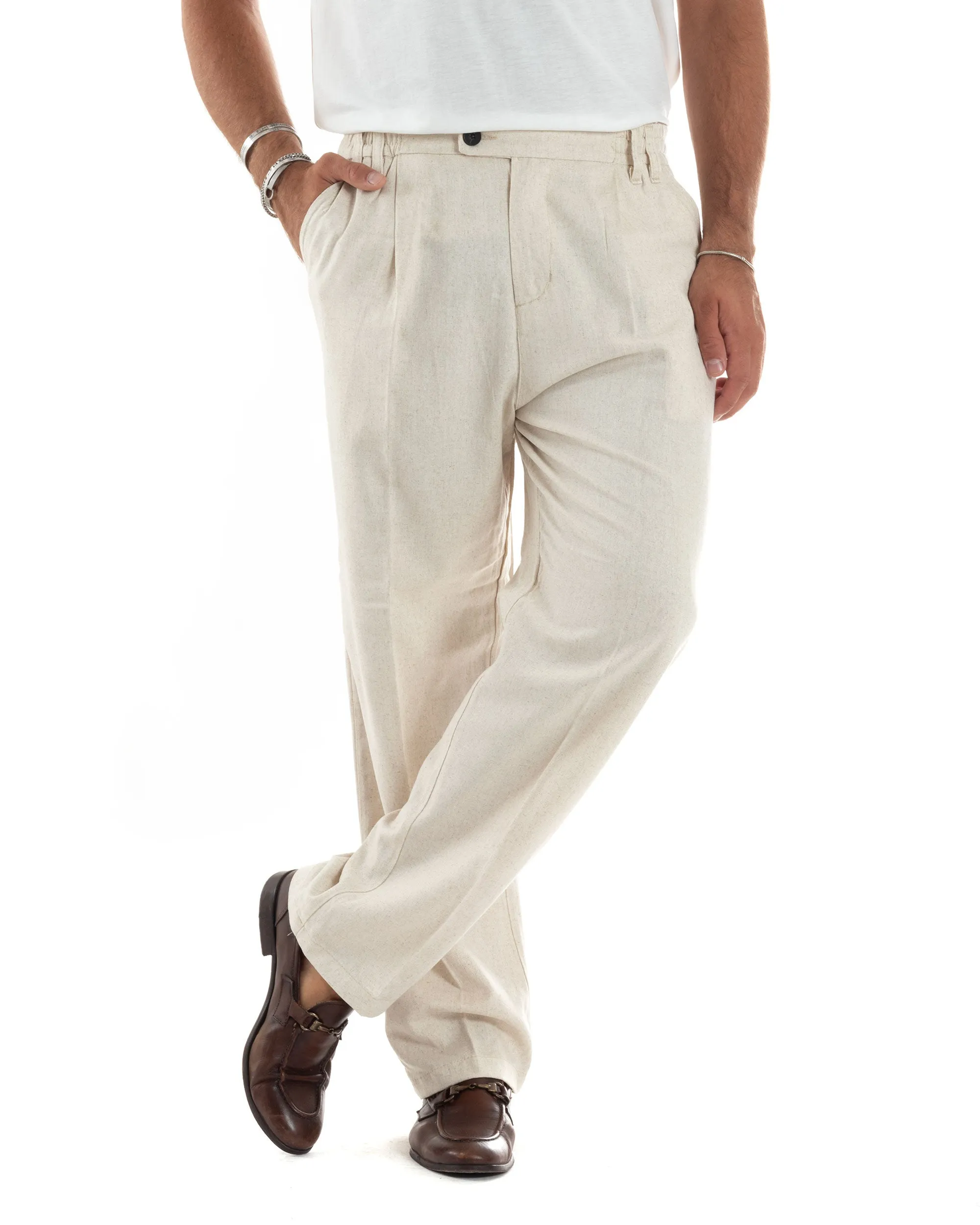 Pantaloni Uomo Lino Baggy Lungo Abbottonatura Allungata Tasche America Pinces Elastico Sul Retro Casual Melangiato Beige GIOSAL-
