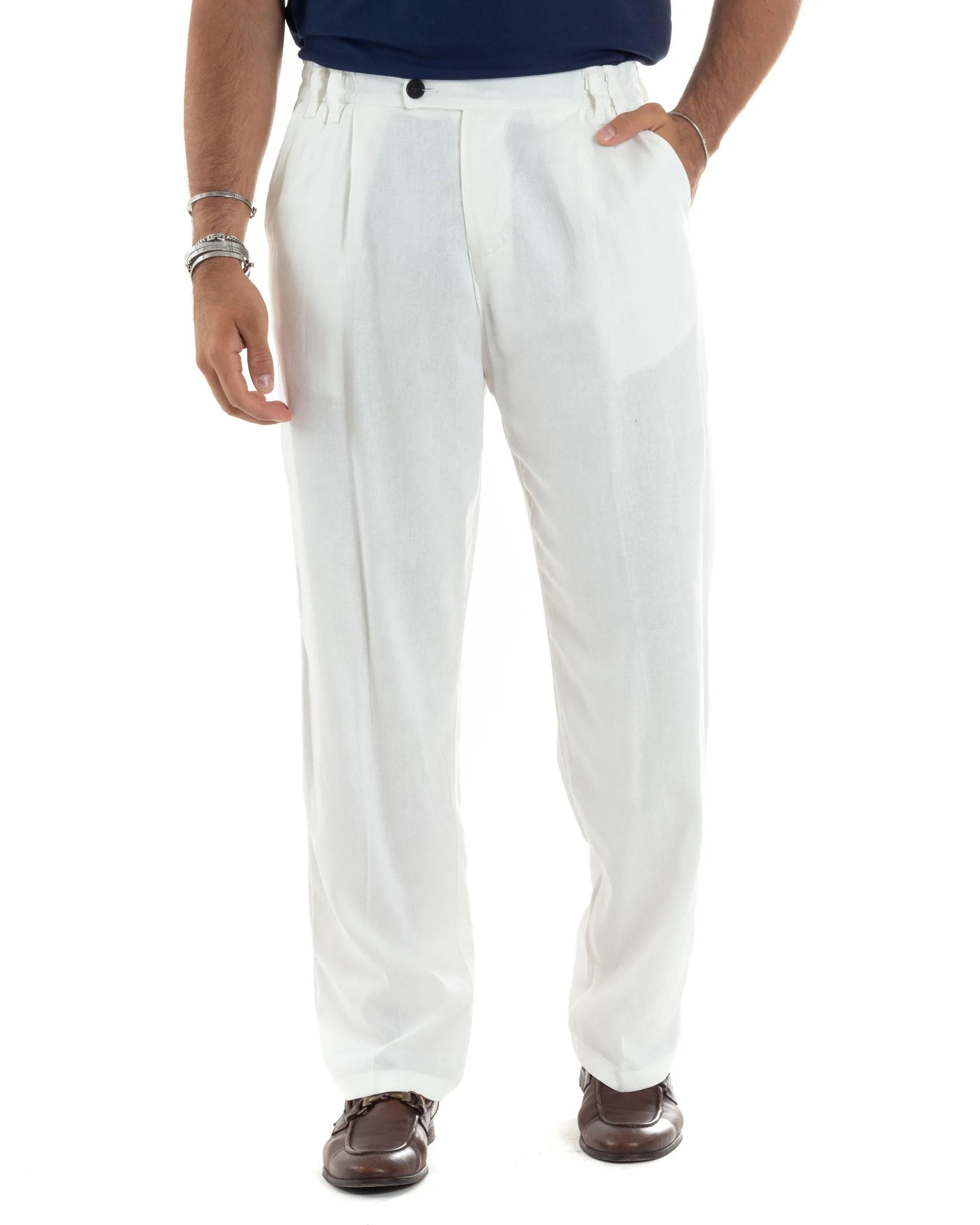 Pantaloni Uomo Lino Baggy Lungo Abbottonatura Allungata Tasche America Pinces Elastico Sul Retro Casual Tinta Unita Bianco GIOSA