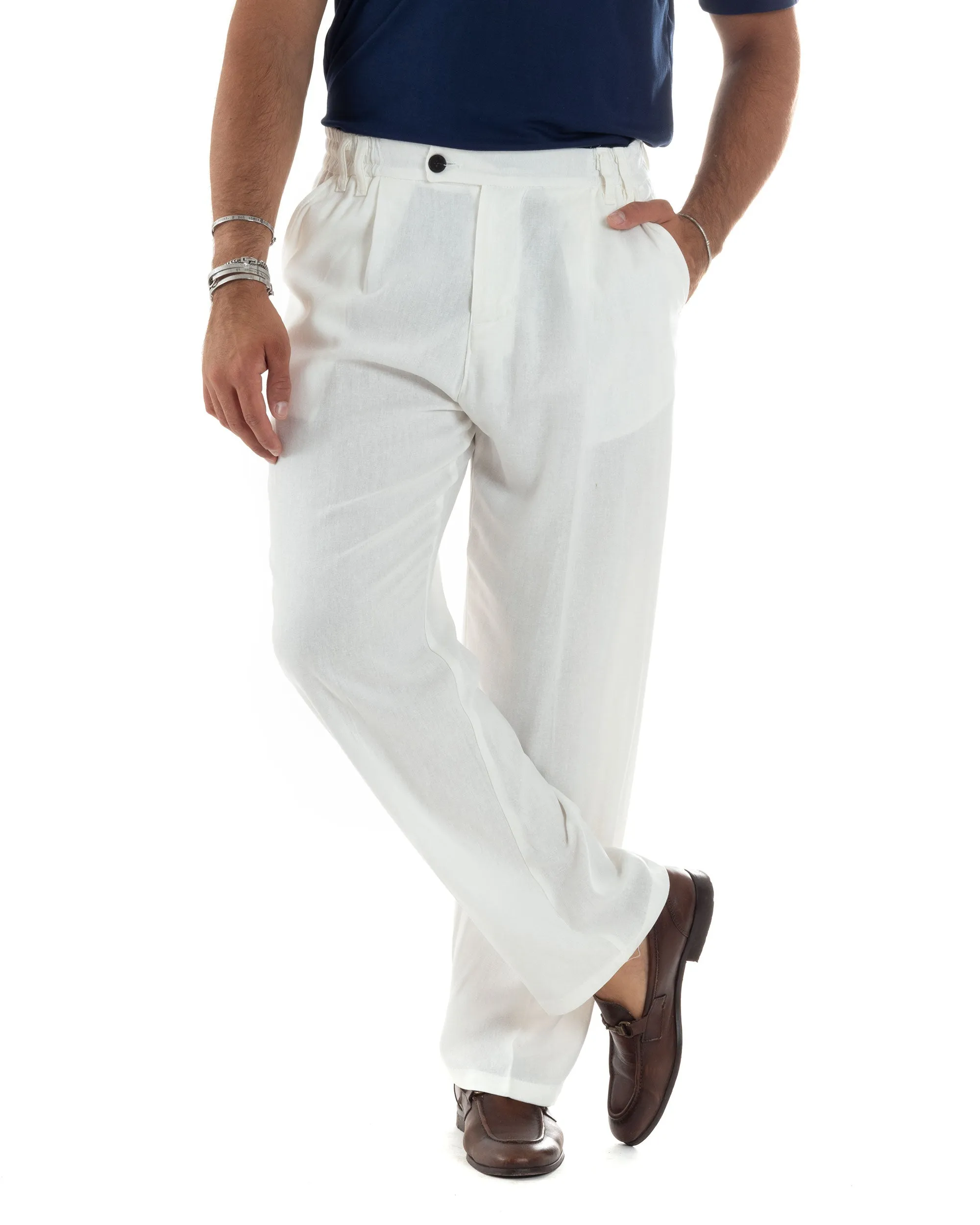 Pantaloni Uomo Lino Baggy Lungo Abbottonatura Allungata Tasche America Pinces Elastico Sul Retro Casual Tinta Unita Bianco GIOSA