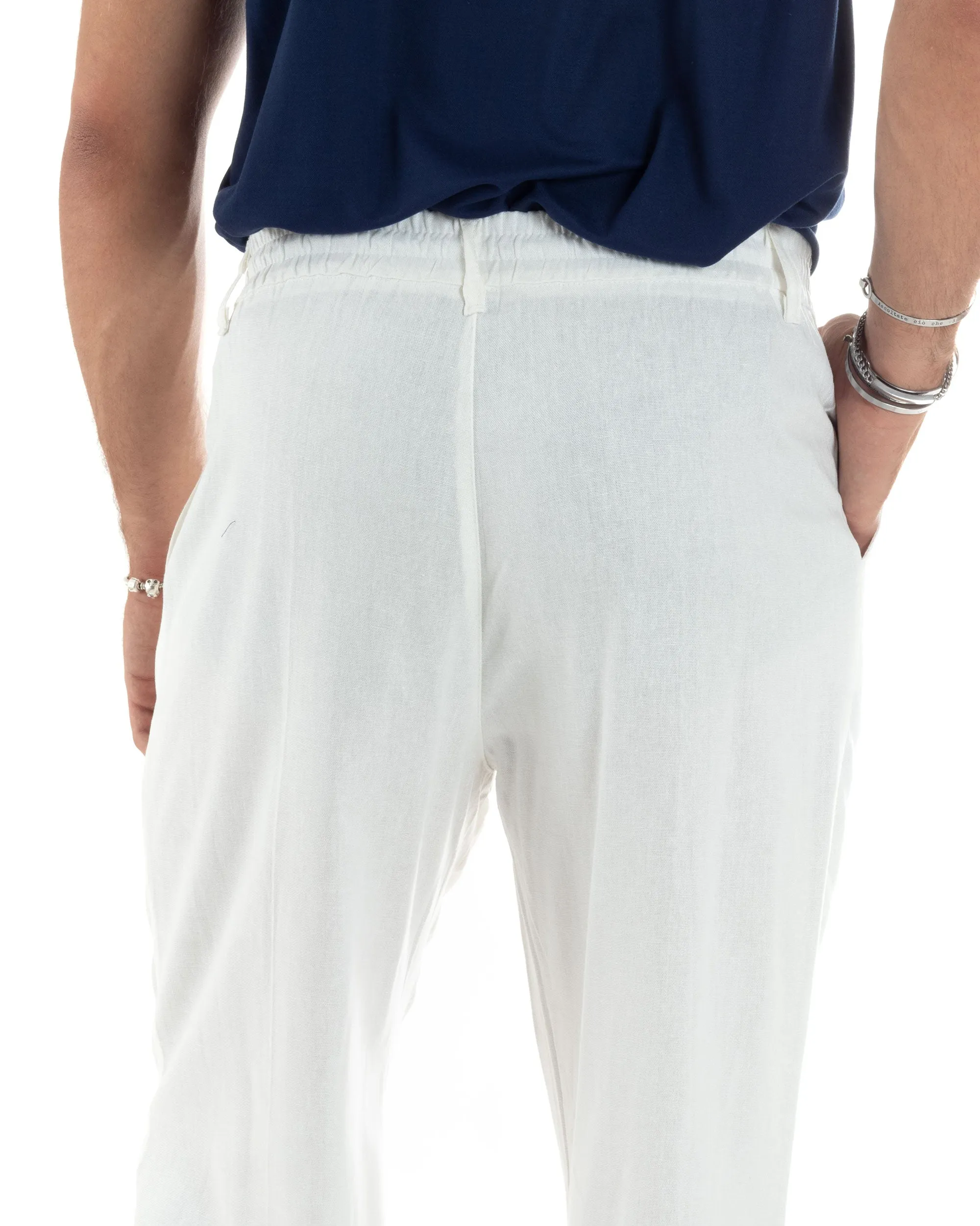 Pantaloni Uomo Lino Baggy Lungo Abbottonatura Allungata Tasche America Pinces Elastico Sul Retro Casual Tinta Unita Bianco GIOSA