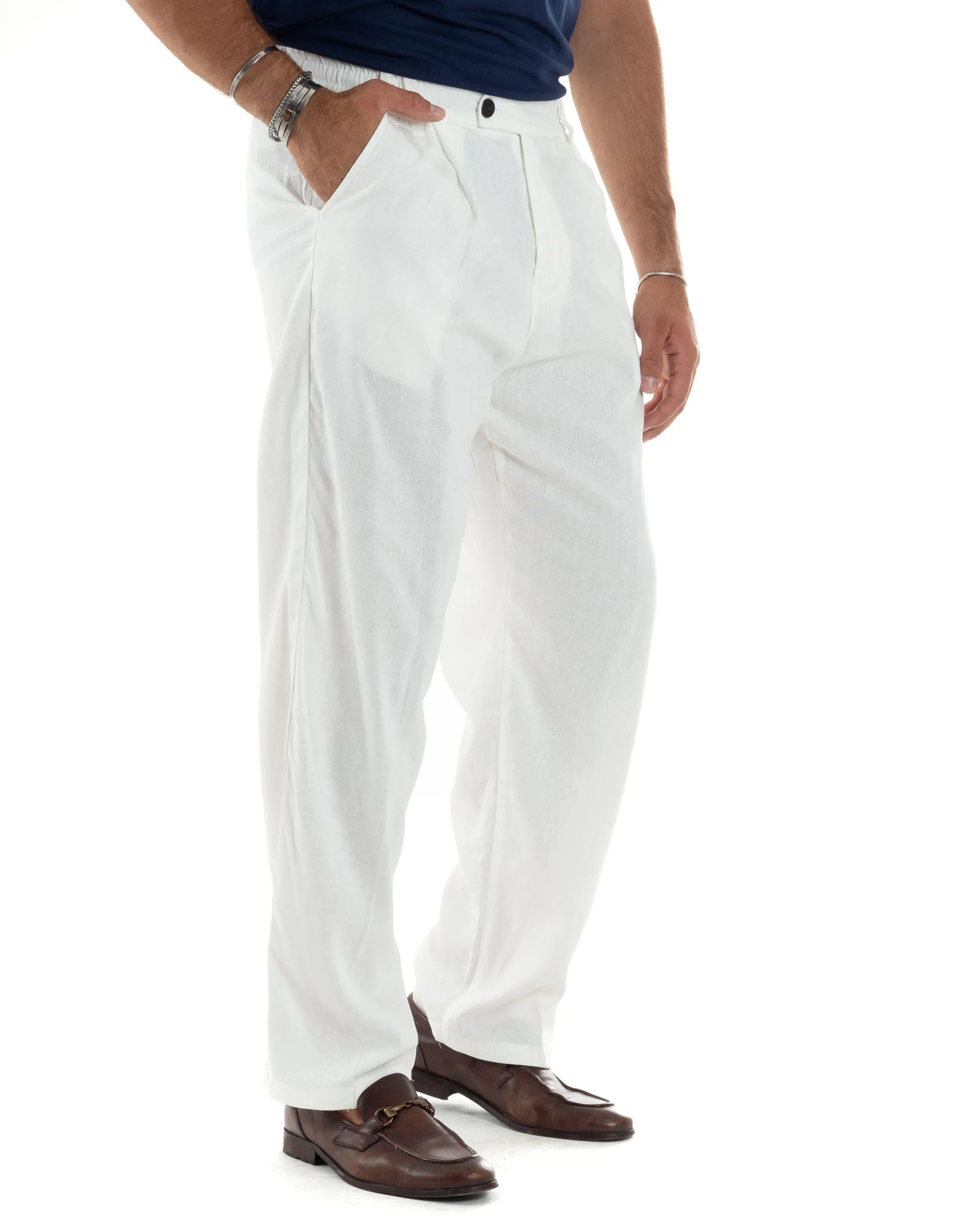Pantaloni Uomo Lino Baggy Lungo Abbottonatura Allungata Tasche America Pinces Elastico Sul Retro Casual Tinta Unita Bianco GIOSA