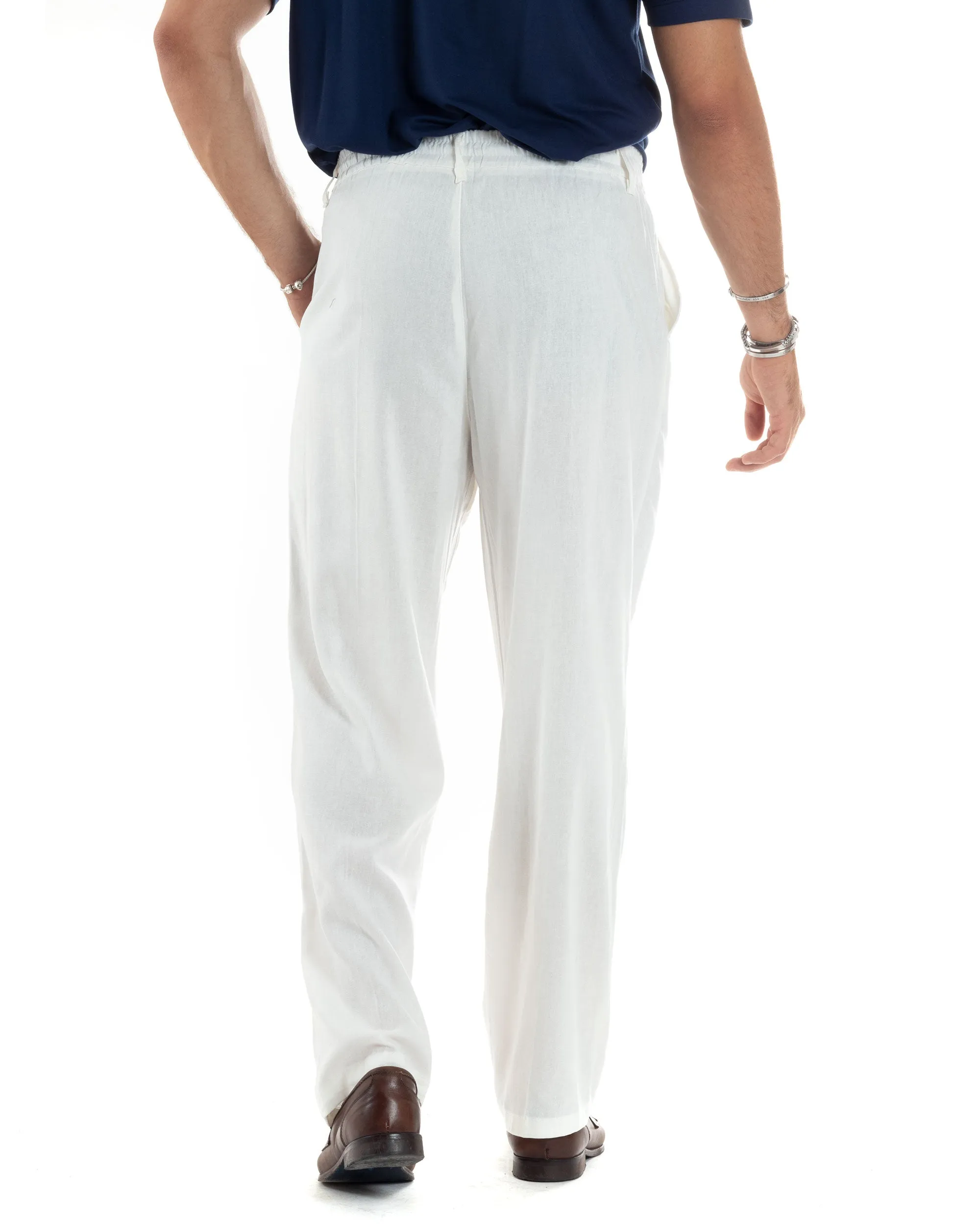 Pantaloni Uomo Lino Baggy Lungo Abbottonatura Allungata Tasche America Pinces Elastico Sul Retro Casual Tinta Unita Bianco GIOSA