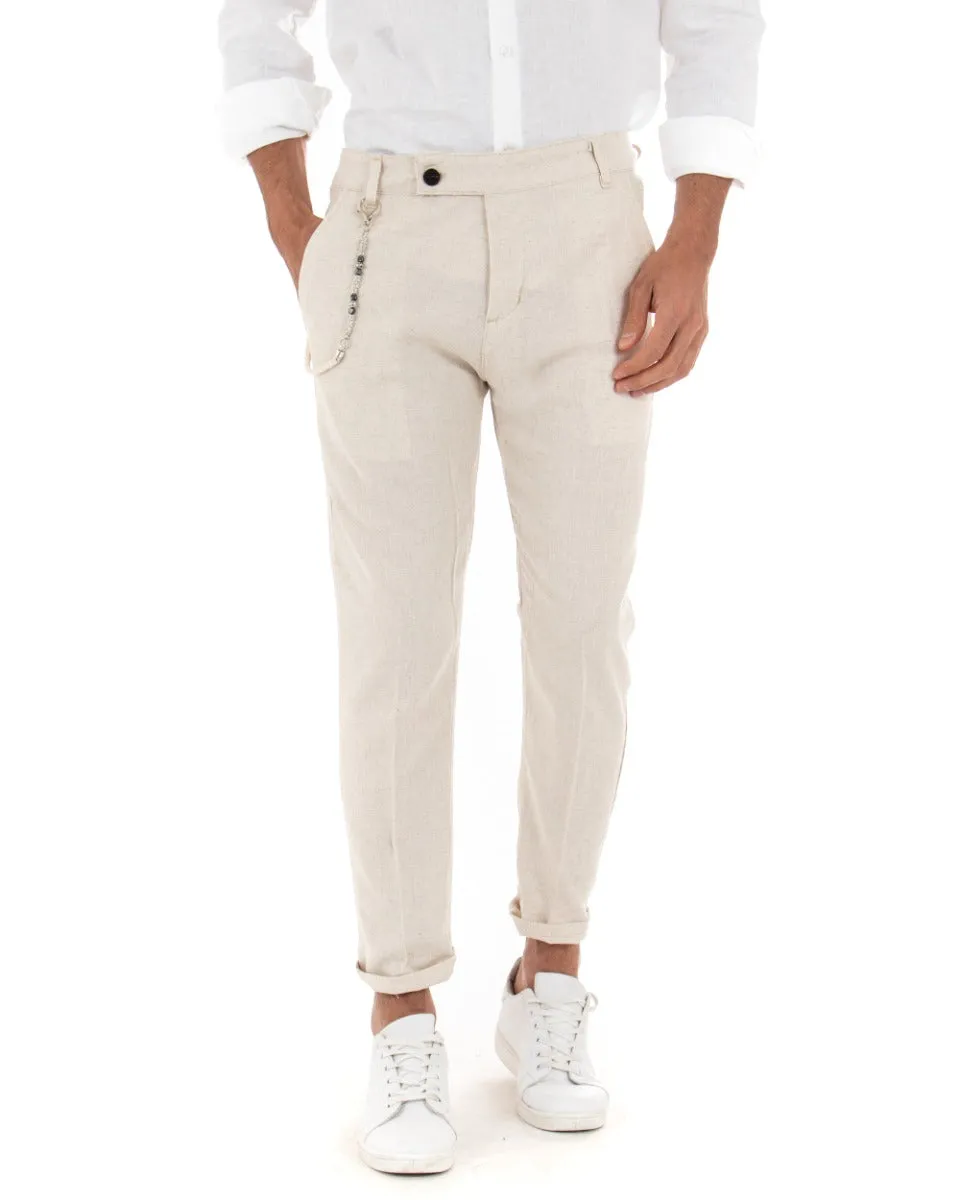 Pantaloni Uomo Lino Tasca America Abbottonatura Allungata Classico Elegante Beige GIOSAL-P5259A