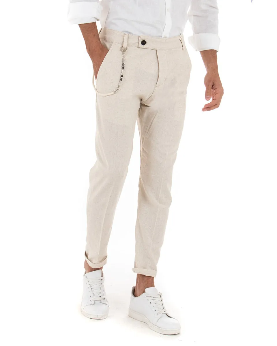 Pantaloni Uomo Lino Tasca America Abbottonatura Allungata Classico Elegante Beige GIOSAL-P5259A