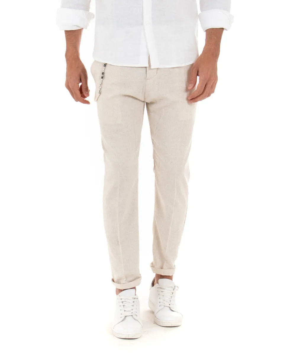 Pantaloni Uomo Lino Tasca America Abbottonatura Allungata Classico Elegante Beige GIOSAL-P5259A