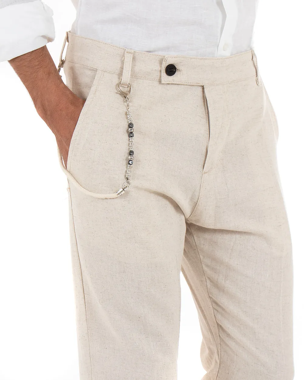 Pantaloni Uomo Lino Tasca America Abbottonatura Allungata Classico Elegante Beige GIOSAL-P5259A