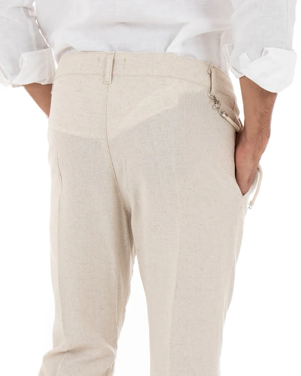 Pantaloni Uomo Lino Tasca America Abbottonatura Allungata Classico Elegante Beige GIOSAL-P5259A