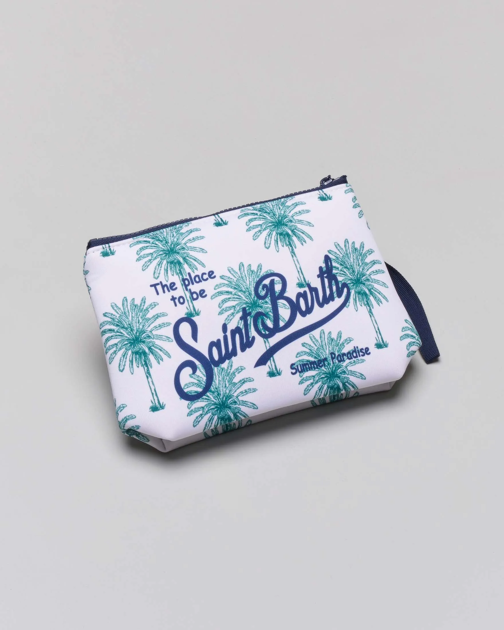 Pochette in neoprene bianca a fantasia palme verdi