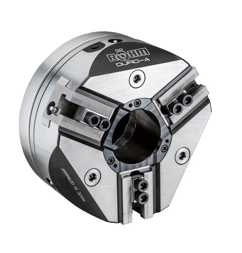 ROEHM 183708 Mandrino autocentrante modello DURO-A per torni CNC, 3-griffe, dentatura a 90°, attacco cilindrico - Grandezza diam
