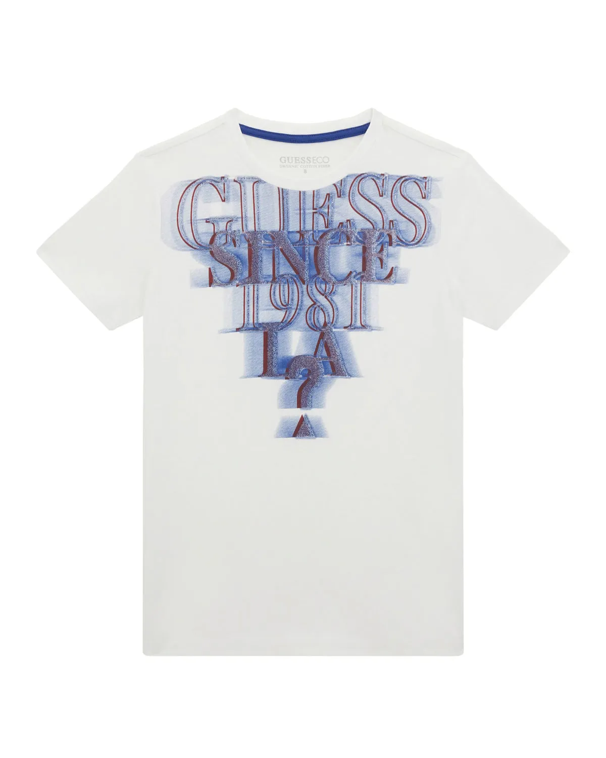 T-shirt bianca in cotone a maniche corte con maxi stampa scritta logo blu sfuocata 8-16 anni
