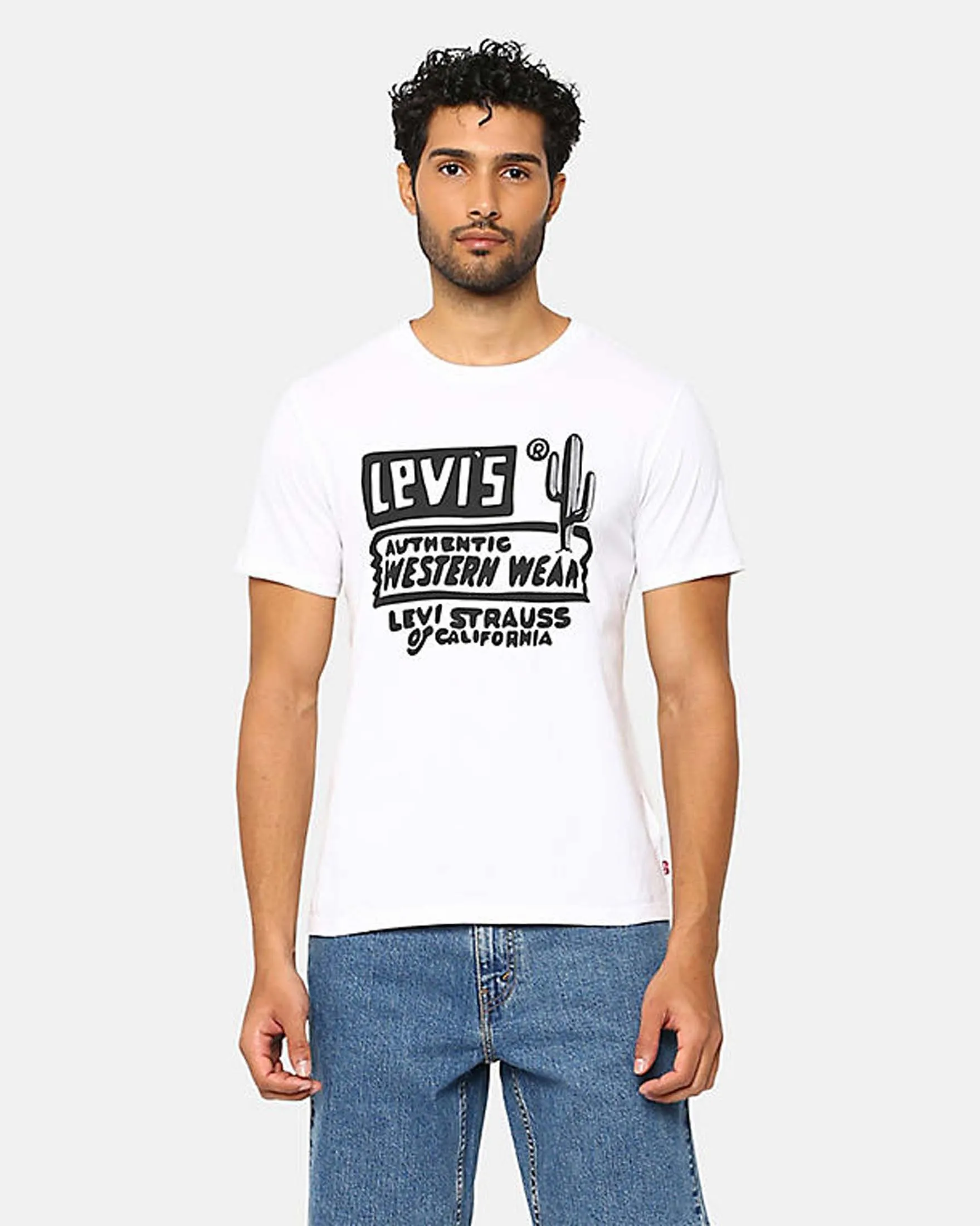 T-shirt bianca mezza manica con stampa scritte logo e cactus