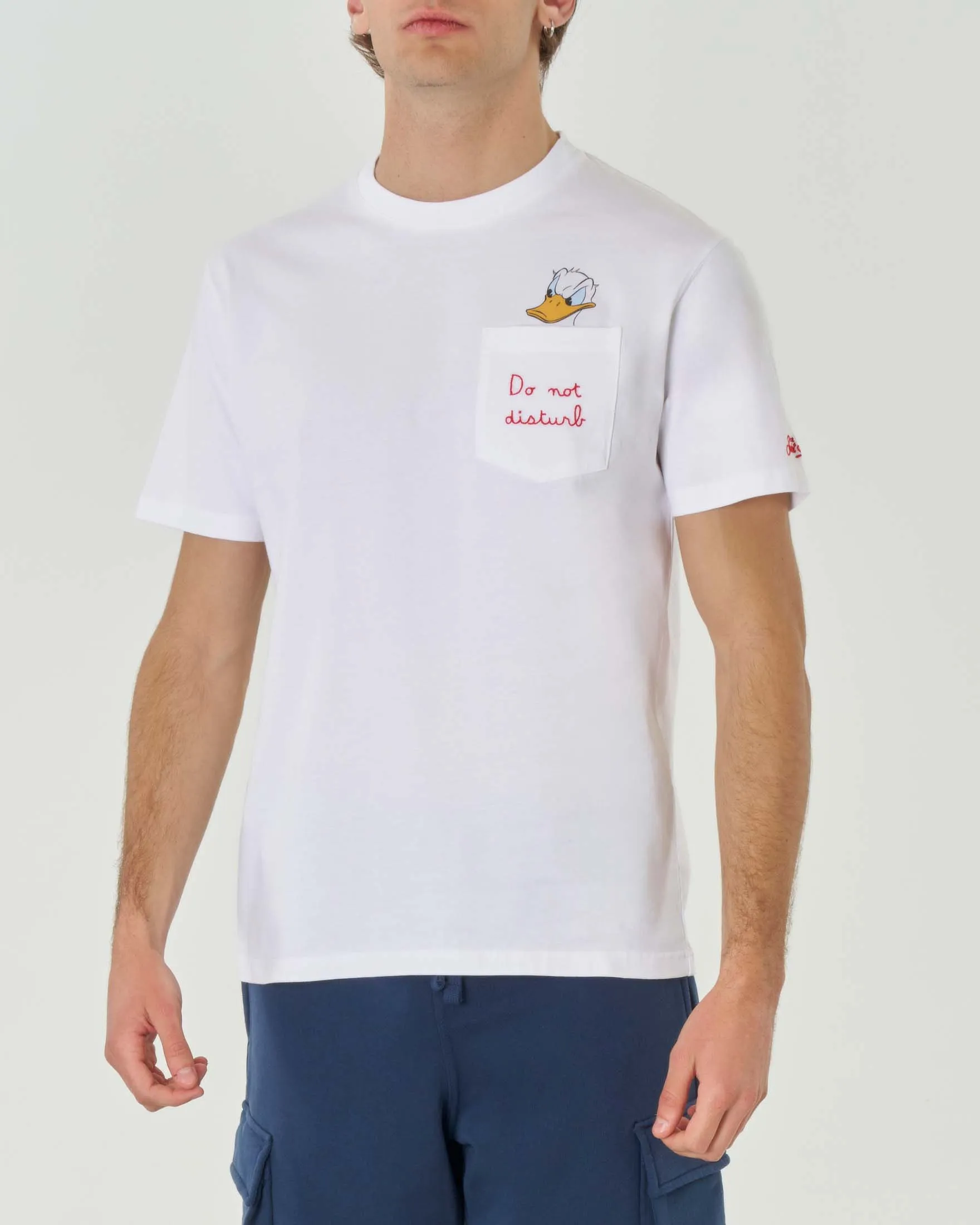 T-shirt bianca mezza manica in cotone con taschino e stampa Paperino sul petto
