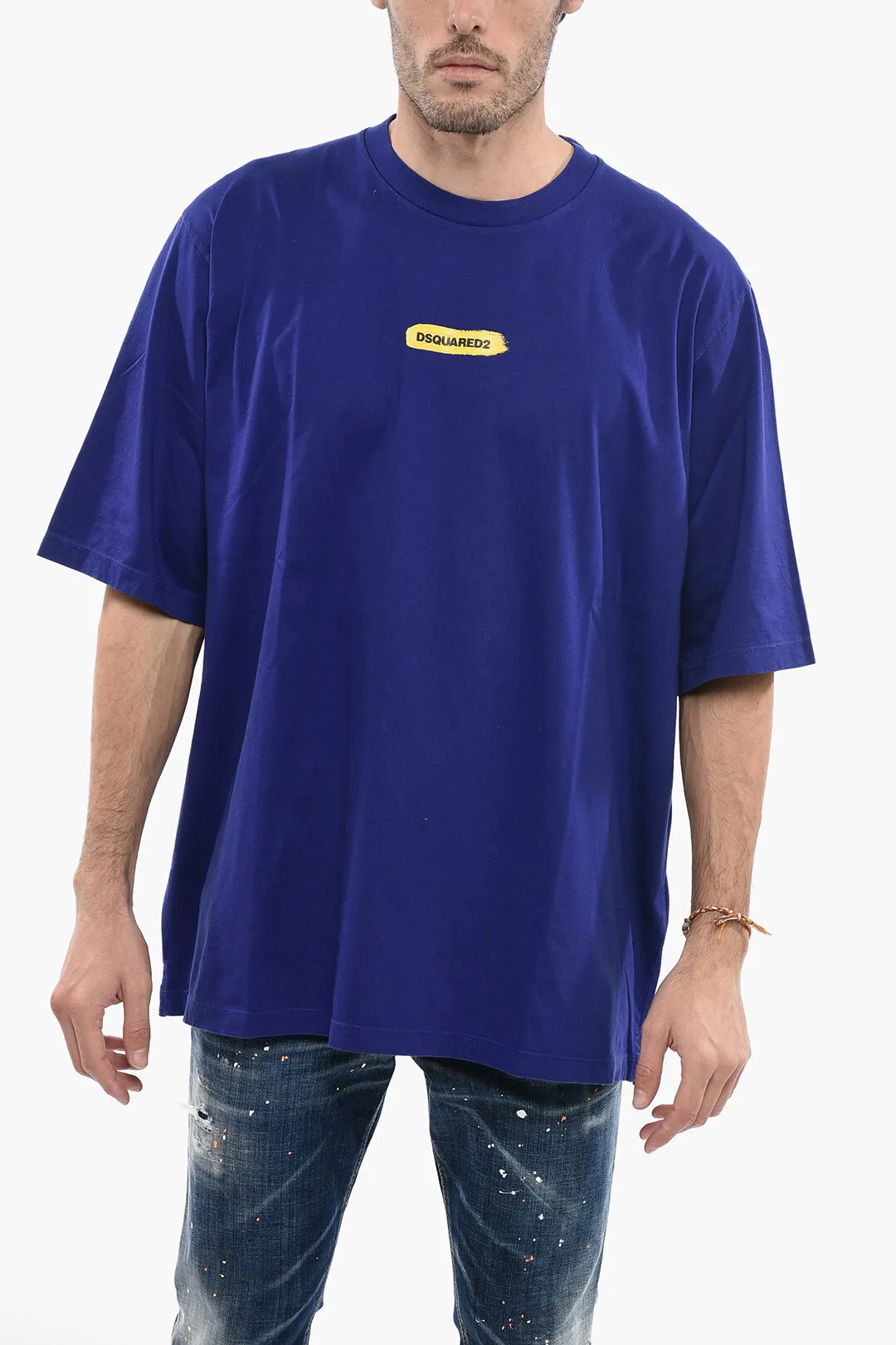 T-Shirt Girocollo in Cotone con Logo Effetto Vernice