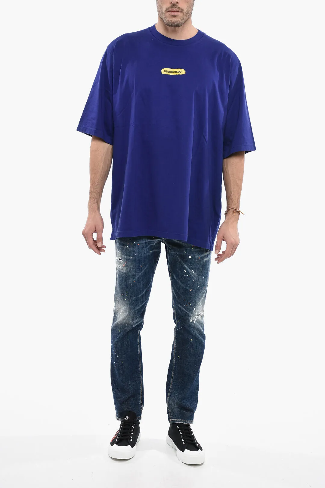 T-Shirt Girocollo in Cotone con Logo Effetto Vernice