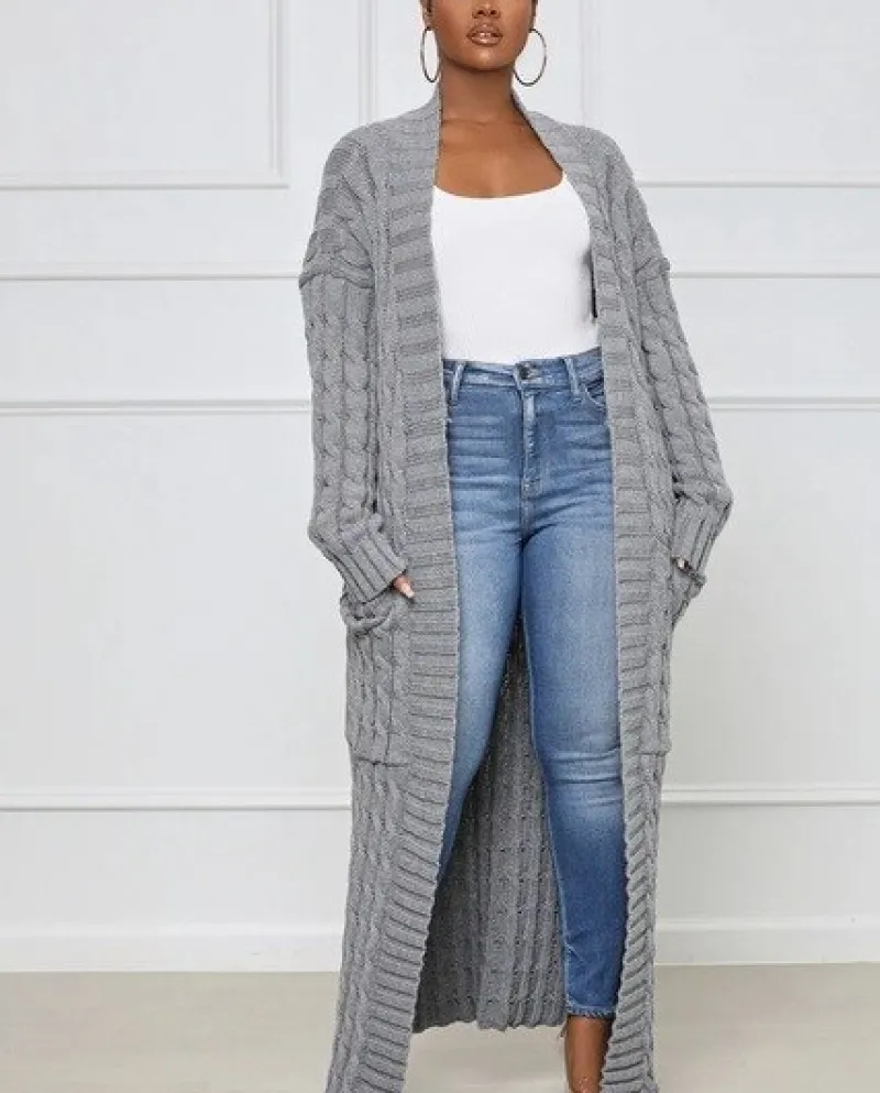 Women Knit Ribbed Hemp Flower Long Sleeve With Pocket Open Stitch Maxi Slim Cardigan Sweater Winter Autumn 2022 Outcoat