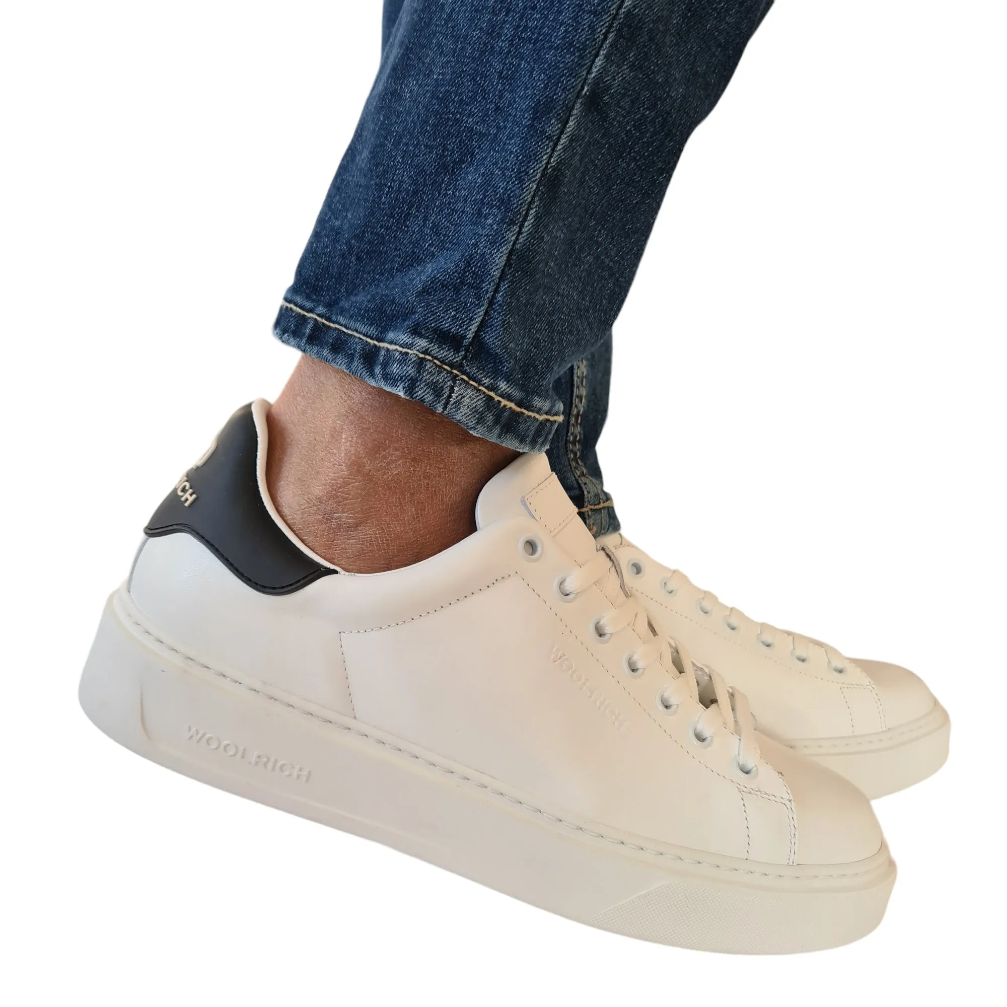 Woolrich Sneakers Uomo Pelle Bianco e Nero fondo gomma rif.26
