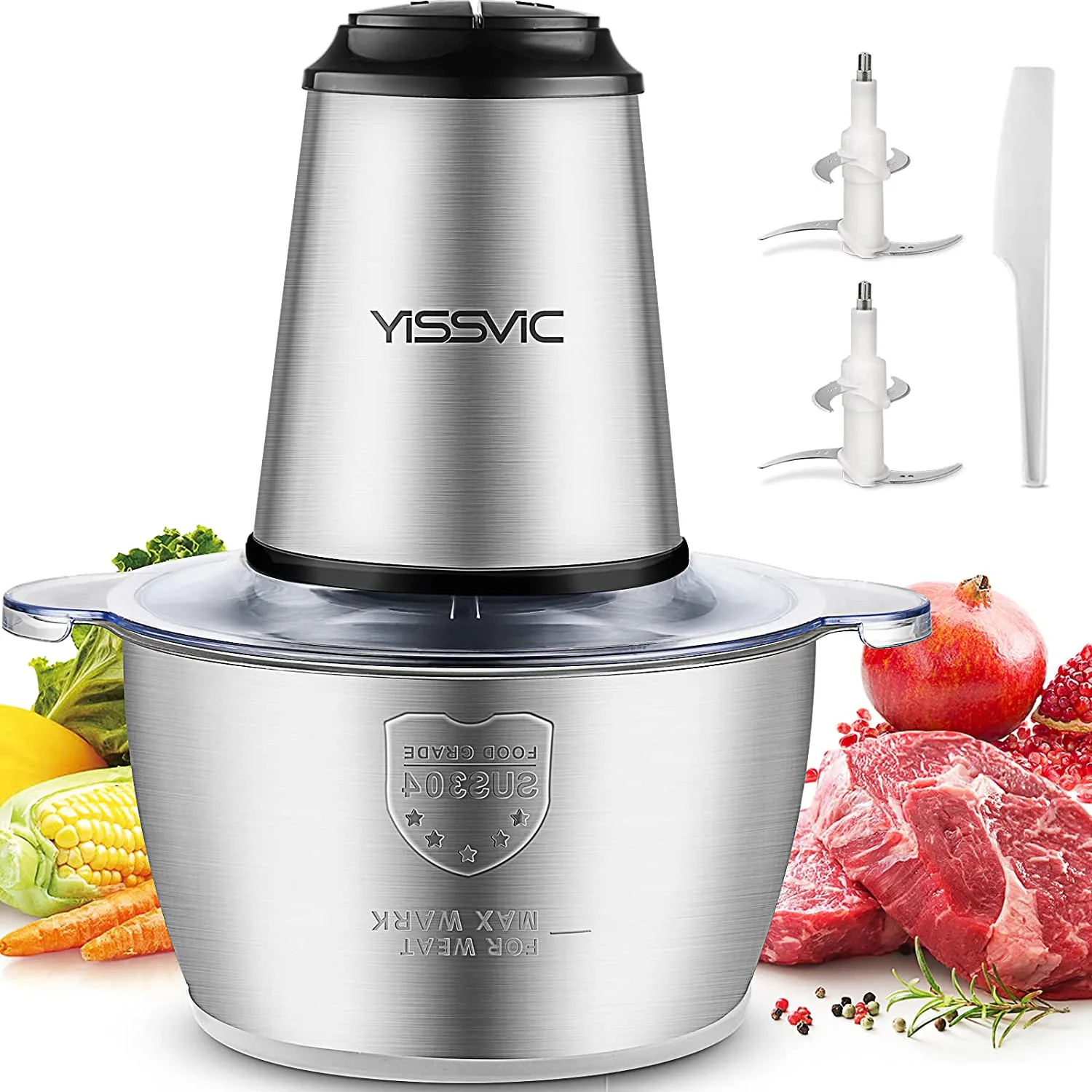 YISSVIC Tritatutto da Cucina Elettrico 2L, 2×4 Lame 500W Tritatutto Elettrico Frullatore Multifunzione con Ciotola in Acciaio In