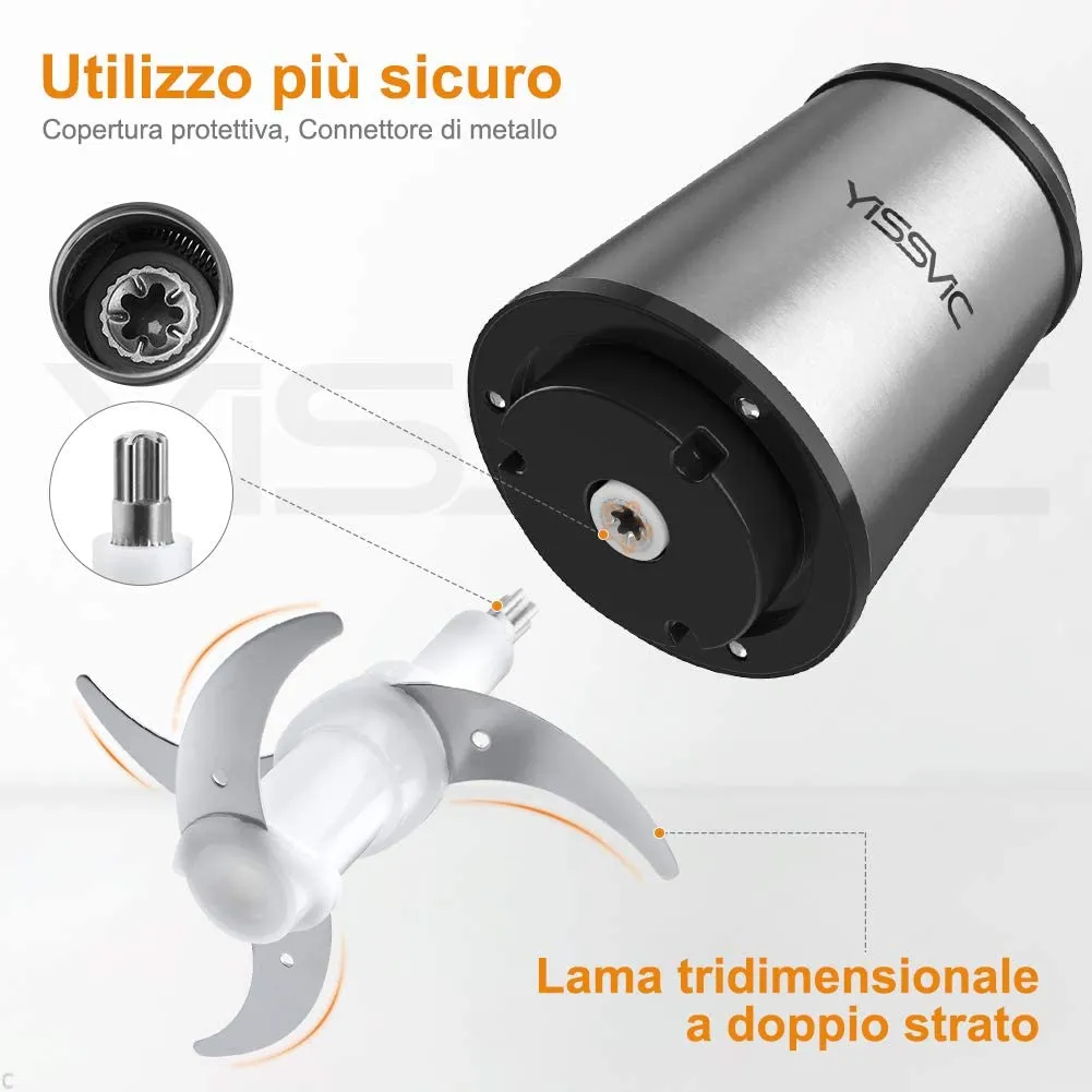 YISSVIC Tritatutto da Cucina Elettrico 2L, 2×4 Lame 500W Tritatutto Elettrico Frullatore Multifunzione con Ciotola in Acciaio In