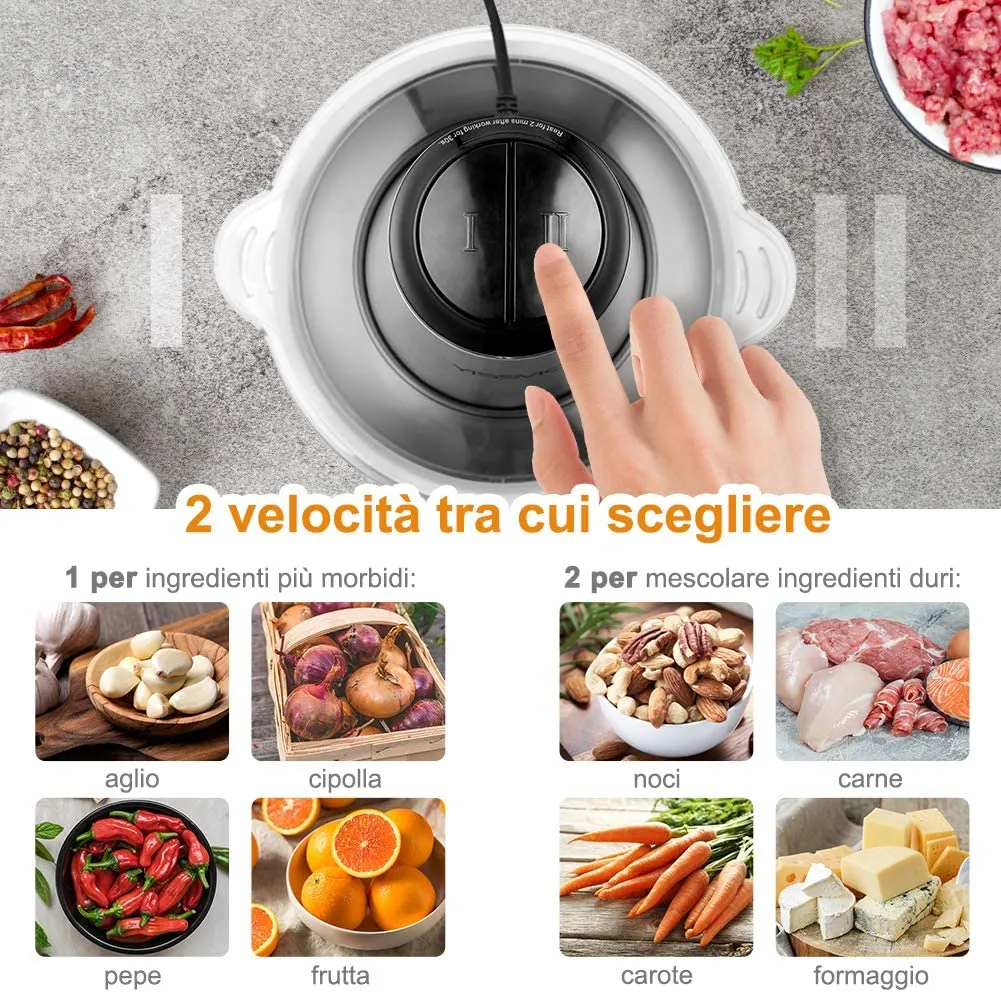 YISSVIC Tritatutto da Cucina Elettrico 2L, 2×4 Lame 500W Tritatutto Elettrico Frullatore Multifunzione con Ciotola in Acciaio In