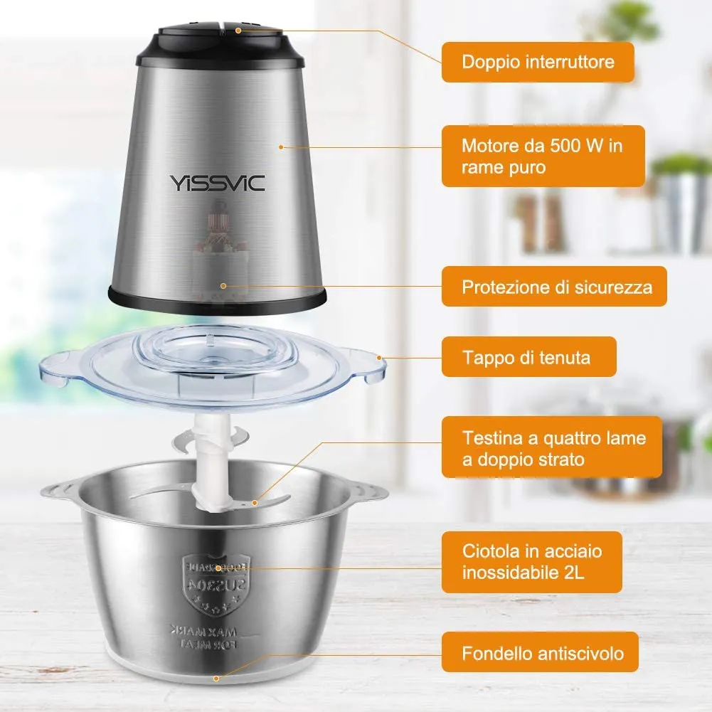 YISSVIC Tritatutto da Cucina Elettrico 2L, 2×4 Lame 500W Tritatutto Elettrico Frullatore Multifunzione con Ciotola in Acciaio In